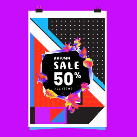 Autumn sale memphis style web banner design. Fashion and travel discount poster. Vector holiday Abstract colorful illustration with special offer and promotion.のイラスト素材