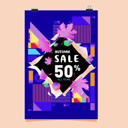 Vector autumn sale poster template with lettering design. Bright fall leaves. brochure card label banner design. Bright commercial background design.のイラスト素材