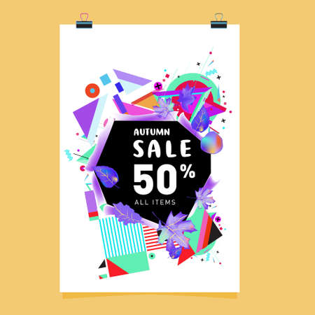 Vector autumn sale poster template with lettering design. Bright fall leaves. brochure card label banner design. Bright commercial background design.