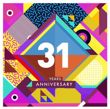 Greeting card anniversary with colorful number and frame.