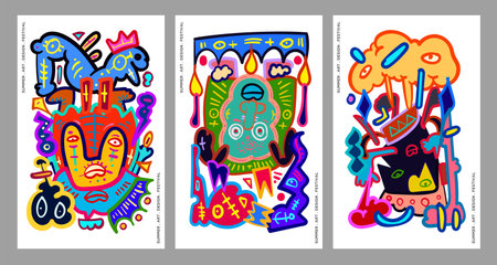 Set of flyers or posters with doodle monsters. Hand drawn vector illustration.のイラスト素材