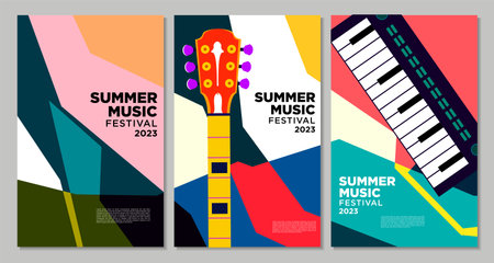 Music festival poster template. Guitar and piano on colorful background. Flat design. Vector illustration.のイラスト素材