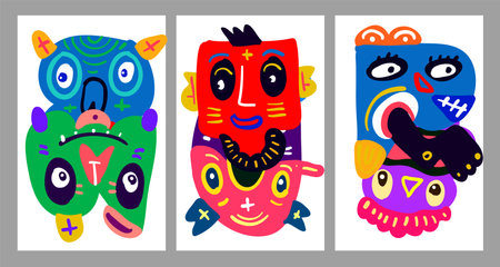 Set of cute hand drawn monsters. Vector illustration in flat style.のイラスト素材