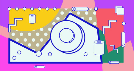Illustration of a camera on a colorful background with dots and circles