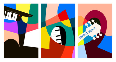 Set of colorful music posters with piano keys and notes. Vector illustrationのイラスト素材