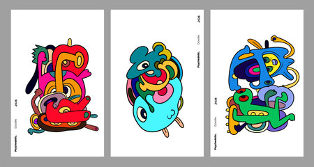 Set of colorful doodle monsters. Hand drawn vector illustration.