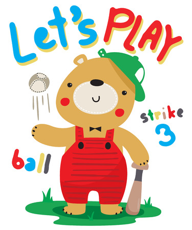 Cartoon teddy bear wearing hat with baseball, isolated on white background illustration vector.のイラスト素材