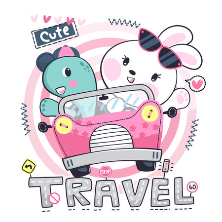 Cute hand drawn vector illustration of a cute cartoon bunny and turtle waving hand in a pink car on the road, Print for children wear.のイラスト素材