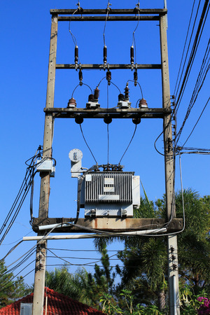 Transformer on Electricity post, high power station.