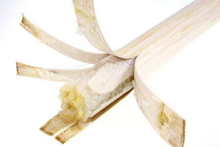 Thai dessert, glutinous rice roasted in bamboo joints on a white backgroundの写真素材