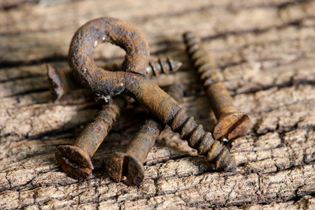 Old screws on old woodの写真素材