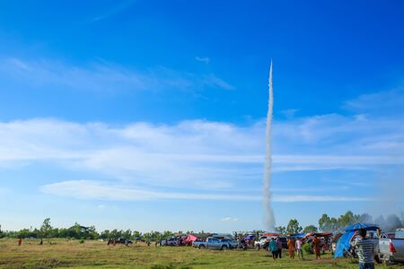 Traditional rockets up the sky in Rocket festival 'Boon Bang Fai' The celebration for plentiful rains during the rice plant season,on June 4,2015 ,Thailand.のeditorial素材