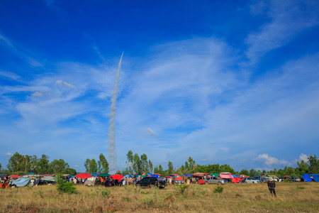 Traditional rockets up the sky in Rocket festival 'Boon Bang Fai' The celebration for plentiful rains during the rice plant season,on June 4,2015 ,Thailand.のeditorial素材