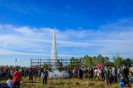Traditional rockets up the sky in Rocket festival 'Boon Bang Fai' The celebration for plentiful rains during the rice plant season,on June 4,2015 ,Thailand.のeditorial素材