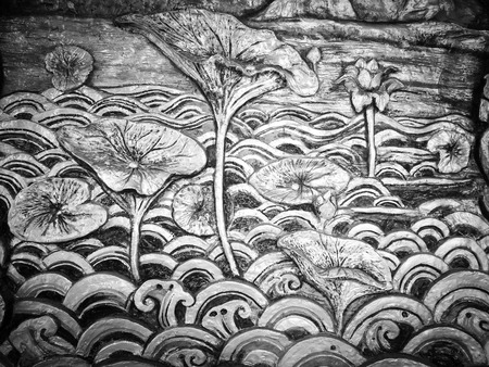 Black and White Lotus Stucco cement backgroundの写真素材