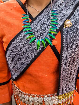 Necklaces made from a beautiful blue-winged insects.の写真素材