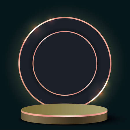 3d podium golden yellow behind a black gray circle shape with golden border.のイラスト素材