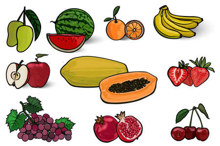 Hand drawn fruit drawing with colored drawing and black border illustrated Vector collection set.のイラスト素材