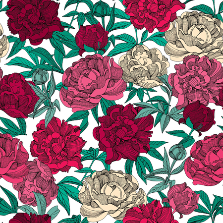 Elegant illustration of peony flower seamless floral pattern backgroundのイラスト素材