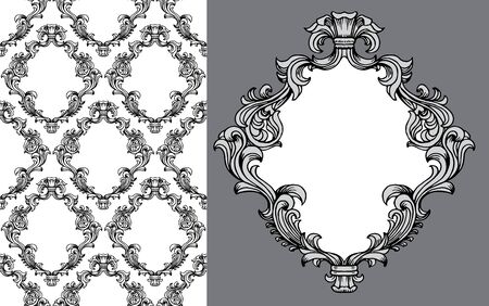 illustration of baroque acanthus leaves frame seamless wallpaper pattern with single frame elementのイラスト素材