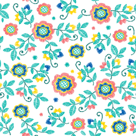 Vector seamless decorative floral embroidery pattern, ornament for textile decor. Bohemian handmade style background design.のイラスト素材