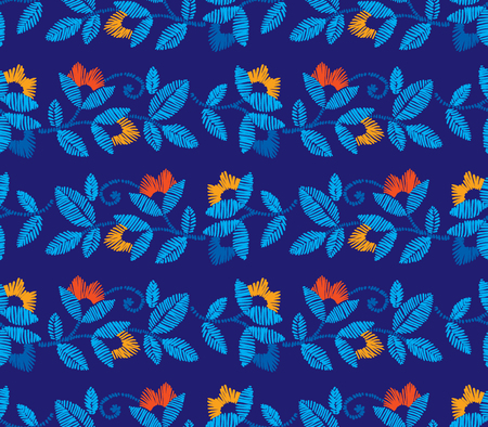 Vector seamless decorative floral embroidery pattern, ornament for textile decor. Bohemian handmade style background design.のイラスト素材