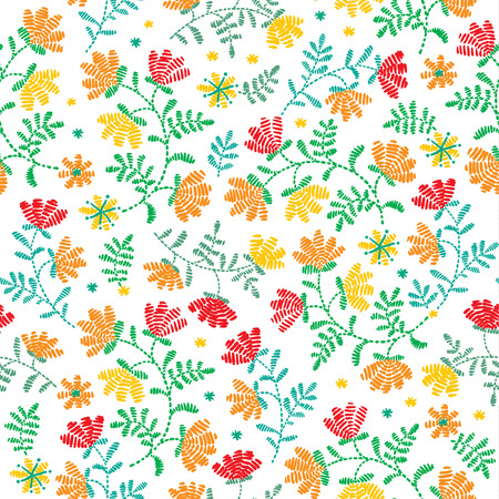 Vector seamless decorative floral embroidery pattern, ornament for textile decor. Bohemian handmade style background design.のイラスト素材