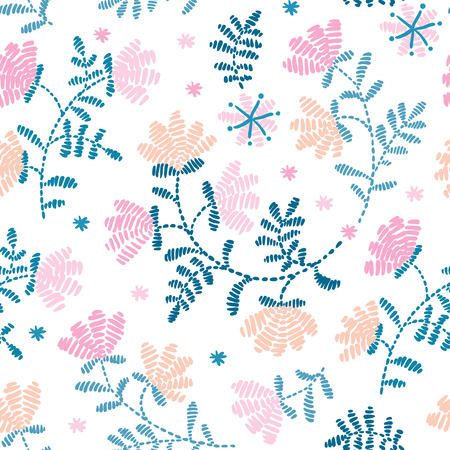 Vector seamless decorative floral embroidery pattern, ornament for textile decor. Bohemian handmade style background design.のイラスト素材