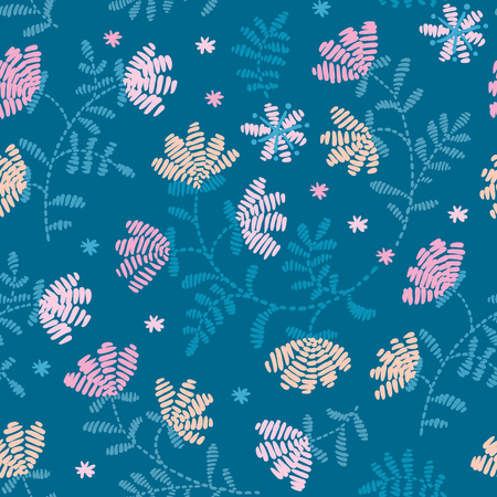 Vector seamless decorative floral embroidery pattern, ornament for textile decor. Bohemian handmade style background design.のイラスト素材