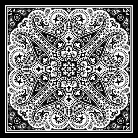 Vector bandana print with paisley ornament. Cotton or silk headscarf, kerchief square pattern design, oriental style fabric.の写真素材