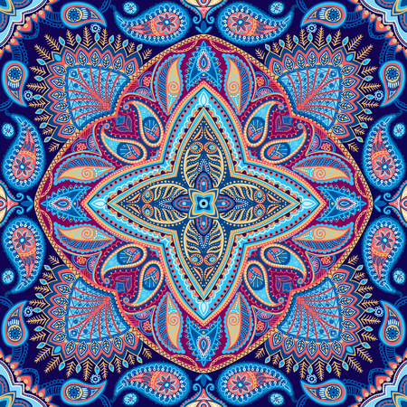 Vector seamless bandana print with paisley ornament. Cotton or silk headscarf, kerchief square pattern design, oriental style fabric.のイラスト素材