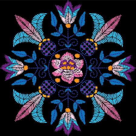 Embroidery floral pattern, decorative ornament for textile, pillow or bandana decor. Bohemian handmade style background design.のイラスト素材
