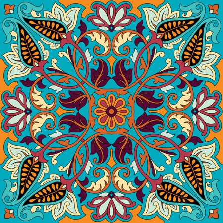 Vector paisley kerchief ornament print. Silk headscarf, pillow, interior decor square pattern design, oriental style fabric.のイラスト素材