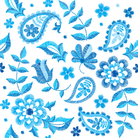 Vector seamless embroidery paisley pattern, decorative textile ornament, pillow or bandana decor. Bohemian handmade style background design.のイラスト素材