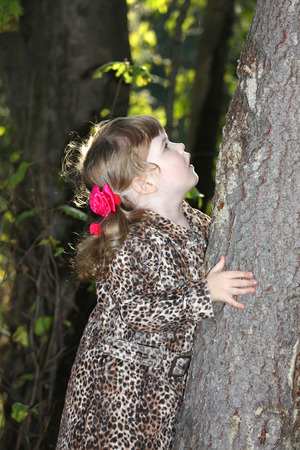 Pretty little girl with pink bows in overcoat keeps tree and looks up in forest.の写真素材