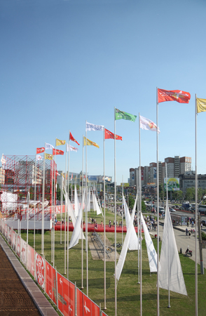 PERM - JUNE 7  Flags of festival White Nights, on June 7, 2012 in Perm, Russia  White Nights Festival visited more than 1 million people のeditorial素材