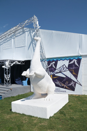 PERM, RUSSIA - JUN 11, 2013: White dinosaur sculpture of polyfoam on festival White Nights in Permのeditorial素材