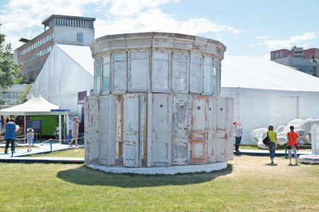 PERM, RUSSIA - JUN 11, 2013: White round building of the old doors and window framesのeditorial素材