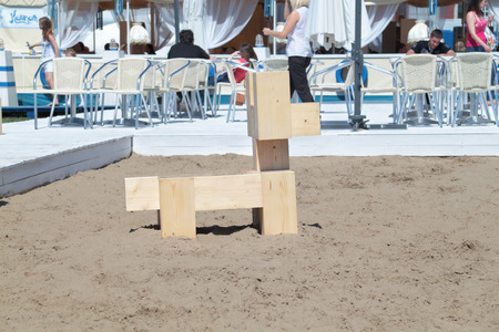 PERM, RUSSIA - JUN 11, 2013: Decorative wooden dog sculpture on festival White Nights in Permのeditorial素材