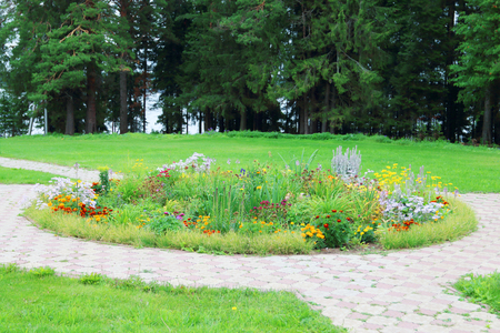 Beautiful flower bed in park with paved paths and green treesの写真素材