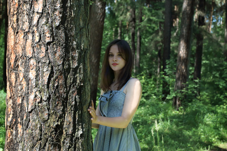 Beautiful girl with long hair in dress standing near tree in forest on summer day, focus on treeの写真素材