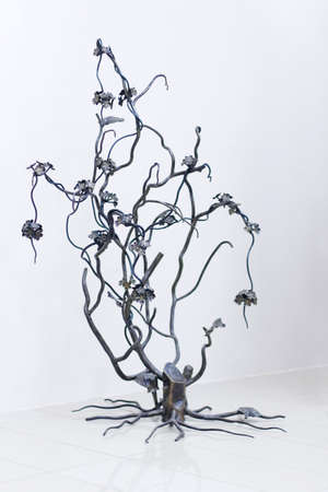 Wrought sculpture blossom tree that grew out of old stump in white roomの写真素材
