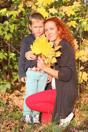 Young mother and handsome little son with yellow maples in autumn park at sunny dayの写真素材