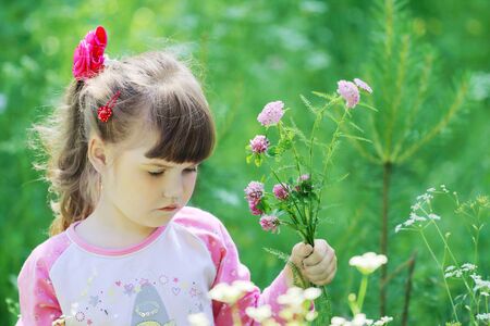 Little pretty girl holds wildflowers and looks down among grass at summer dayの写真素材