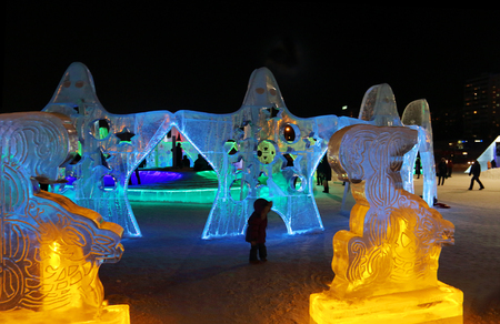 PERM, RUSSIA - JAN 26, 2015: Ice sculptures Stars with illumination in Ice townのeditorial素材