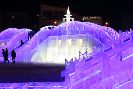 PERM, RUSSIA - JAN 4, 2016: Night illuminated Ice town, Ice town in Perm - traditional winter attractionのeditorial素材