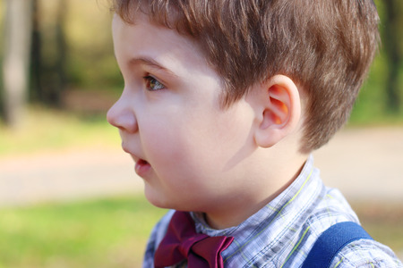 Handsome little boy in shirt and bow tie looks away in sunny green park