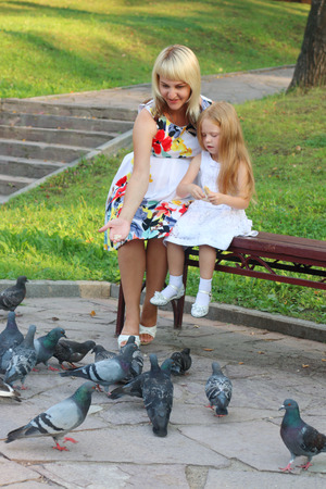Pregnant mother and daughter feed pigeons in summer sunny parkの写真素材