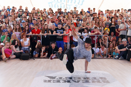 PERM, RUSSIA - JUN 12, 2016: Breakdancer performs at Street fight festival on street stage during Day of Russia holiday, this is public eventのeditorial素材
