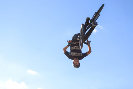 PERM, RUSSIA - August 20, 2016: Man involved in the event of extreme jumps in aeromat,  the...